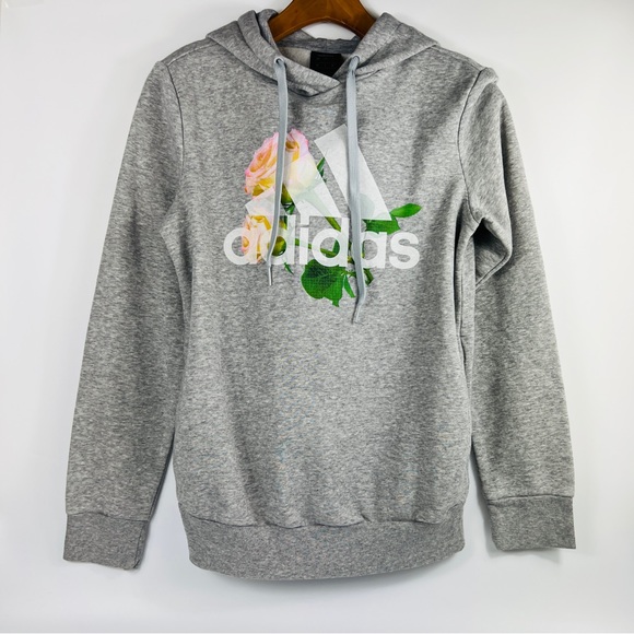ADIDAS Gray Sweatshirt Hoodie With Rose/Logo Graphic S - Picture 1 of 5